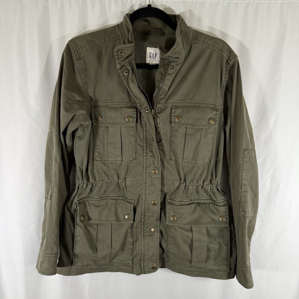 Gap Jacket Women's XS Green Full Zip Snap Cargo Pockets Cotton Blend